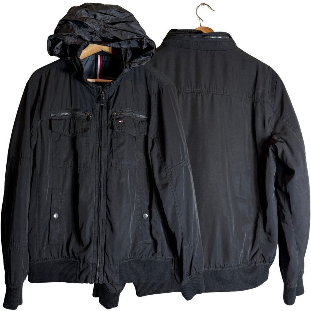 Tommy Hilfiger Hooded Bomber Jacket Men's Medium Black Full Zip Preppy Outdoor